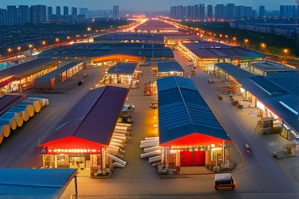 揚州建材五金城全景俯瞰圖展示繁忙交易場景