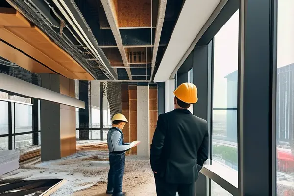專業團隊進行辦公樓裝修設計溝通場景