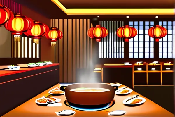 130平火鍋店裝修效果圖，現(xiàn)代風格設計，木質桌椅與紅色燈籠裝飾