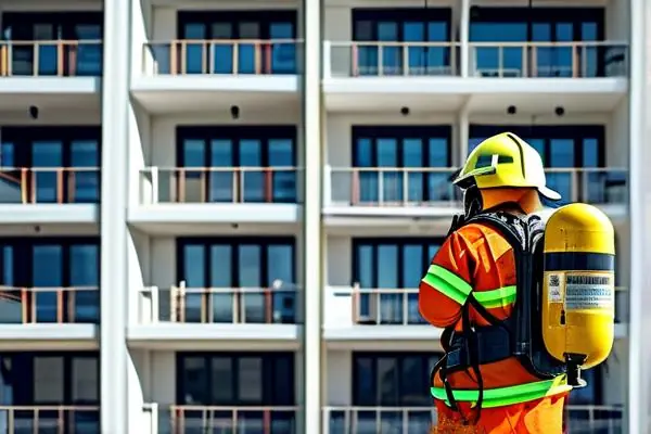 消防驗收員正在檢查新建住宅的滅火器和噴淋系統