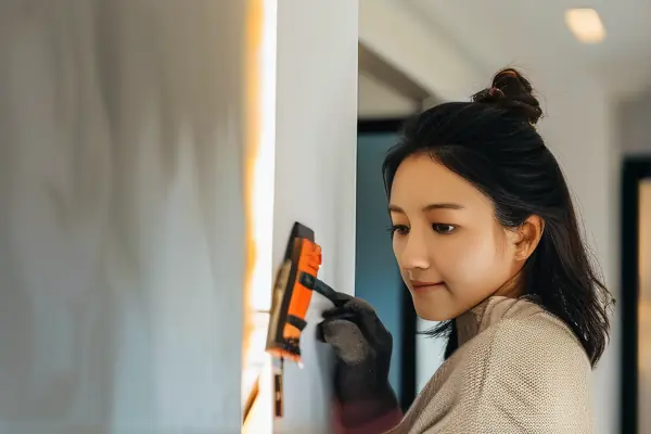 業(yè)主使用驗房工具檢查新房墻面