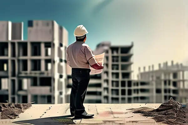 業主與律師在未完工建筑前討論逾期交房起訴事宜