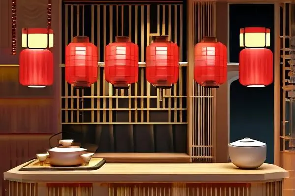 中式茶餐廳內部裝修效果圖，展示傳統木質家具和紅色燈籠