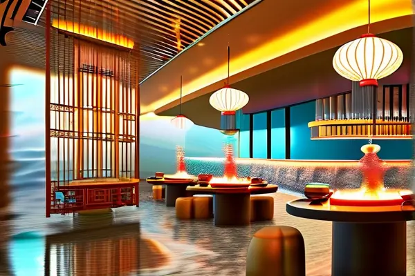 揚州風水餐廳室內設計實景:圓桌、水景與暖色調營造和諧就餐環境