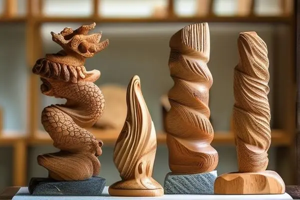 多種材質雕刻工藝品展示：木雕佛像、石雕擺件、玉雕掛墜