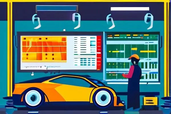 二手車環保檢測現場，技術人員使用專業設備進行尾氣排放測試