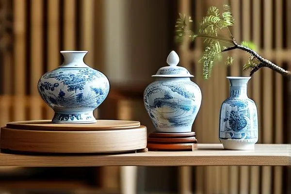 精美的青花瓷器擺件展示