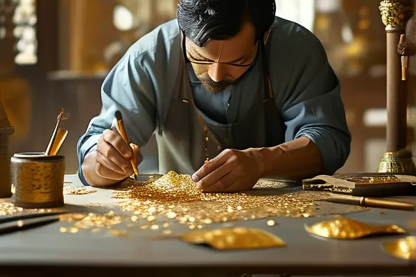 工匠精細貼金箔于工藝品上