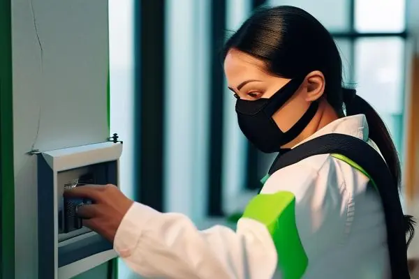 專業(yè)人員使用環(huán)保檢測設(shè)備檢測室內(nèi)空氣質(zhì)量