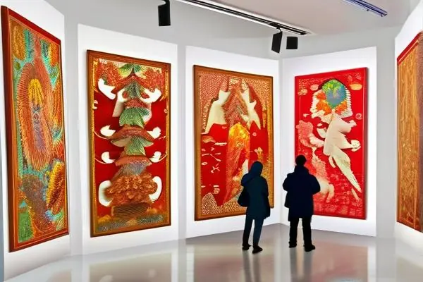 民間工藝品展現場展示的剪紙、刺繡和泥塑等傳統手工藝品