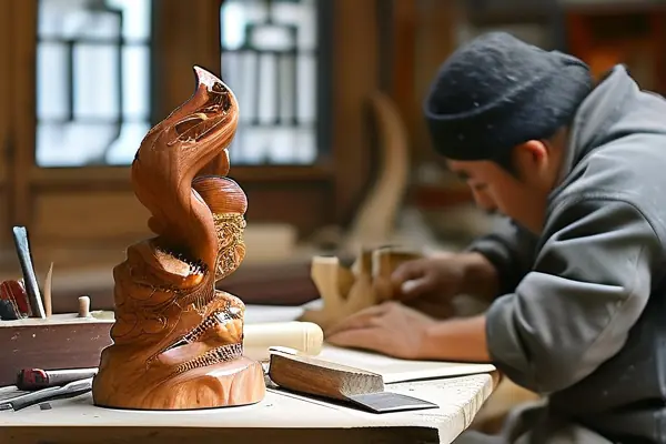工匠專注雕刻木雕工藝品