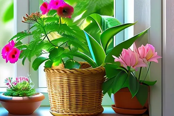室內盆栽植物花盛開在陽光充足的窗臺上
