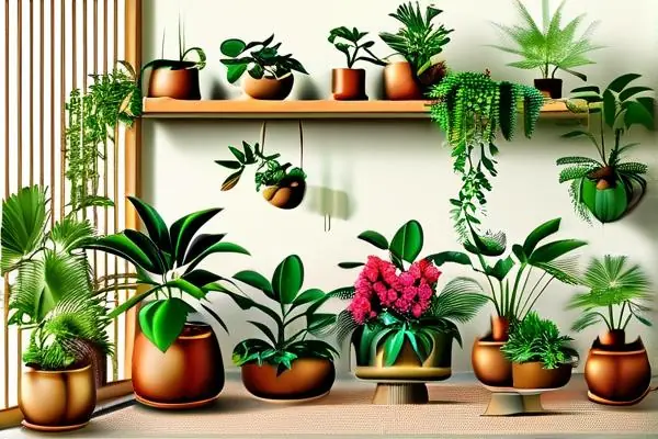 室內盆栽植物和花卉布置的客廳場景