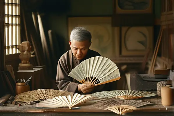 工匠手工制作傳統扇子工藝品的過程