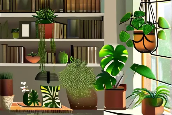家庭室內擺放的多種植物花卉，包括綠蘿和和平百合，陽光透過窗戶照在植物上
