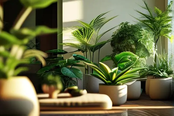 現(xiàn)代客廳中擺放的多種室內(nèi)花卉盆景