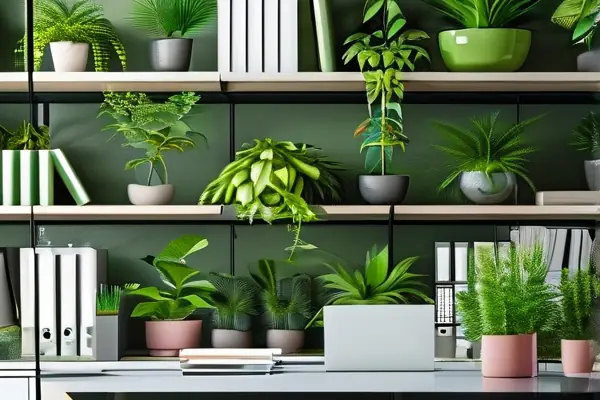 現代辦公室內擺放多種綠色植物，營造清新活力的環境
