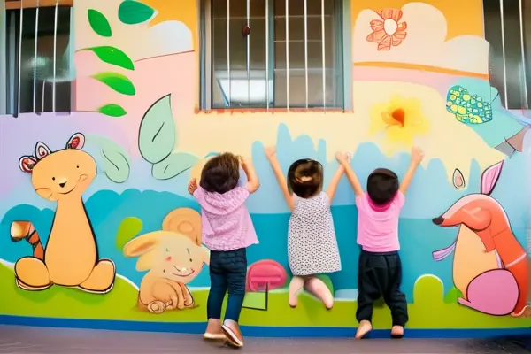 幼兒園壁畫展示，孩子們在色彩繽紛的壁畫前玩耍