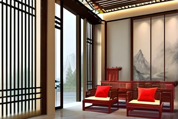 中式會所內部裝修效果圖，展示風水布局與傳統元素的結合