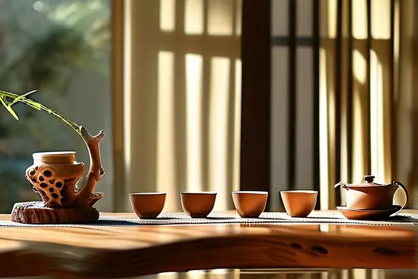 中式風格竹木茶具與雕刻工藝品陳設