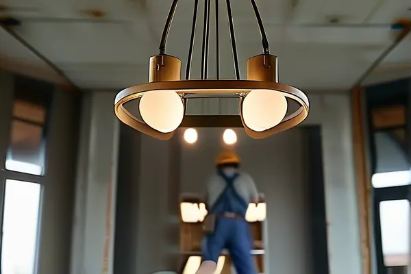 電工安裝吊燈現場工作照