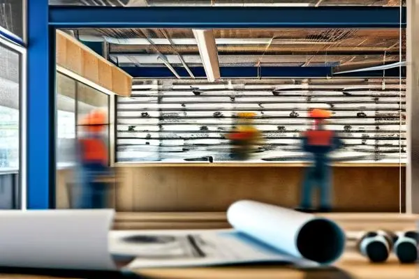 辦公室精裝修施工現場，工人正在進行墻面處理和電路安裝