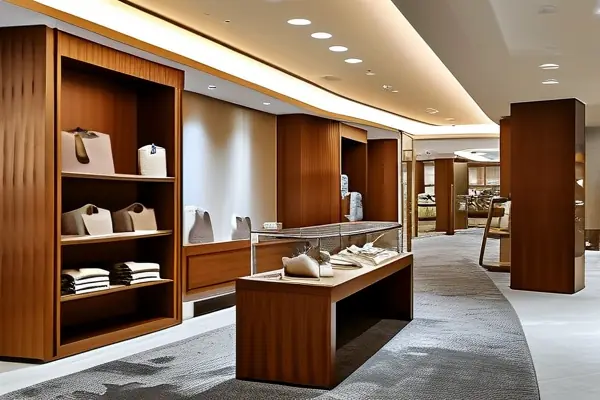 服裝店內(nèi)的灰色紋理地毯與木質(zhì)裝飾搭配效果