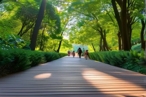 公園木地板實(shí)景圖，展現(xiàn)自然舒適的戶外空間