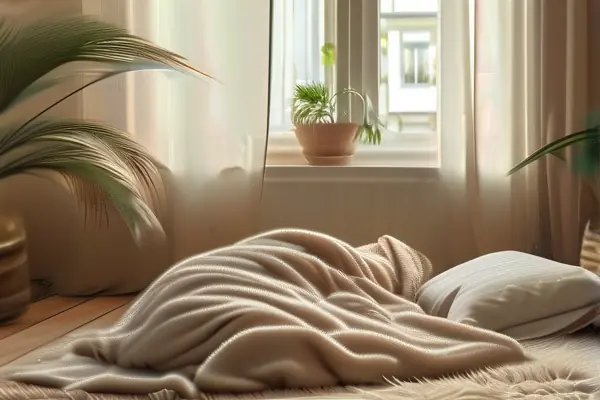 舒適的地毯睡眠場景，展示厚實柔軟的地毯和溫馨的環境