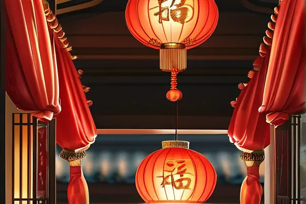 傳統(tǒng)中式大紅燈籠懸掛在新家大門實(shí)景圖