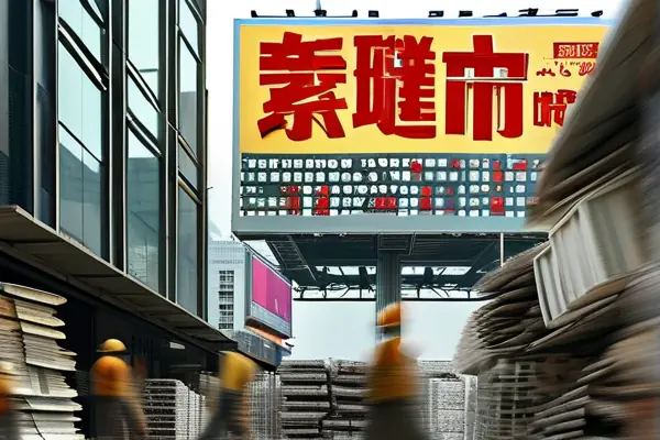 繁忙的建材市場展示最新建材價格和促銷信息
