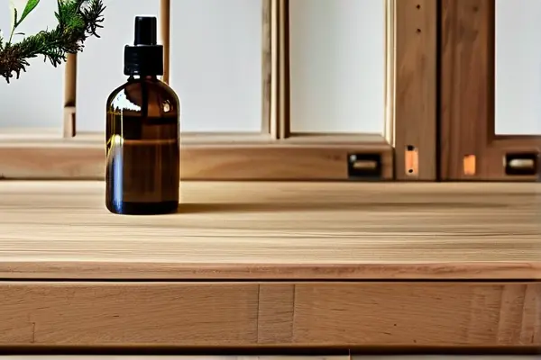 保養良好的實木辦公桌，展示自然木紋和一瓶木器保養油
