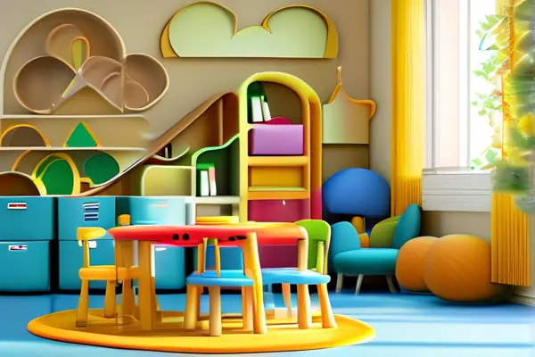 明亮多彩的幼兒園教室，配有兒童尺寸的家具、教育玩具和趣味裝飾，展示安全舒適的學(xué)習(xí)環(huán)境