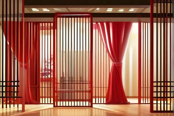 專業京劇排練教室實景圖，展示木質地板、紅色幕布和舞臺燈光系統