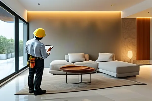 專業驗收人員正在檢查新裝修住宅的墻面與燈具