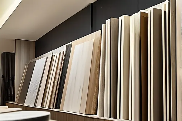 工人安裝環保板材施工實景及多品牌樣品對比