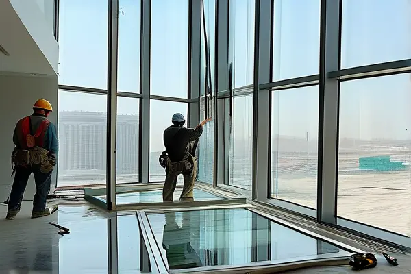 專業團隊進行大廳鋼化玻璃安裝施工實景