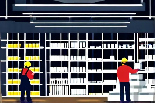 店鋪裝修施工現場，工人正在安裝貨架和照明設備