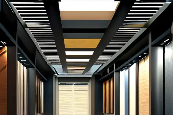吊頂材料展示廳內不同材質和顏色的現代吊頂材料排列
