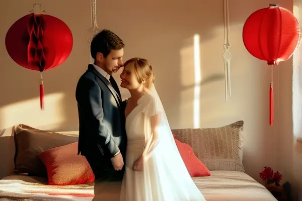 幸福新婚夫婦在裝修精美的婚房內