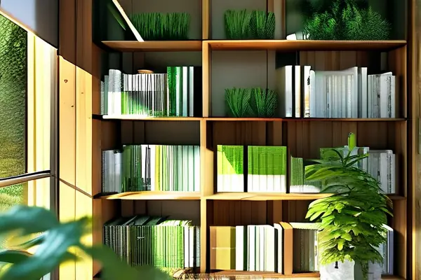 家裝環保圖書館內部實景，展示綠色裝修指南和環保材料樣本
