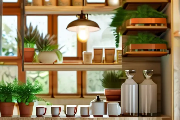 環(huán)保咖啡店內(nèi)部設計，木質(zhì)家具和綠色植物營造自然氛圍