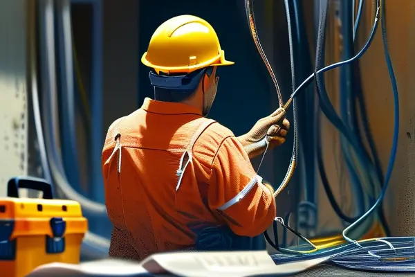 專業水電工人在新房施工現場安裝管道和線路