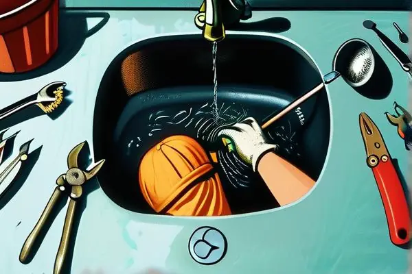 專業水管工使用疏通工具清理廚房下水道