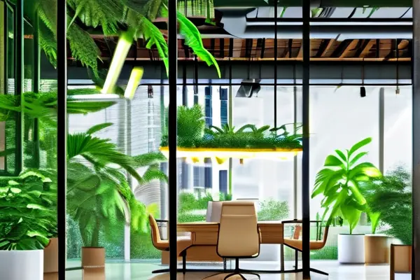 現代化辦公室內凈化場景，展示綠植和空氣凈化設備