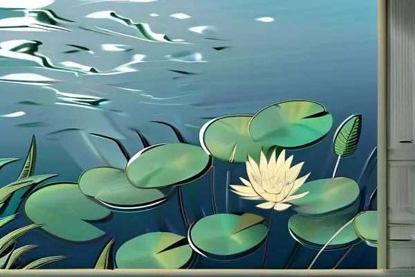 花園池塘中的荷花和睡蓮，水面漂浮著鮮艷的花朵，周圍是郁郁蔥蔥的綠色植物和藍(lán)天。