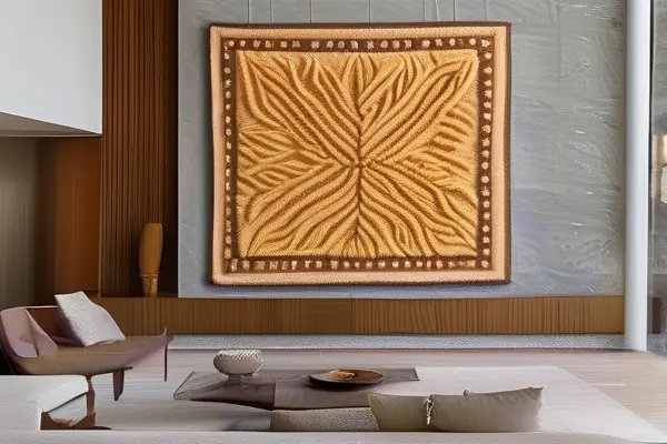 現(xiàn)代客廳中展示的精美緙絲工藝品，圖案復(fù)雜色彩鮮艷