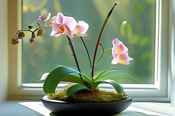 室內(nèi)擺放的蘭花盆景，綠葉與花朵在陽光下顯得格外清新