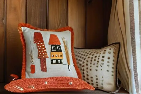 手工家裝布藝制作成品展示，包括抱枕、窗簾和墻飾，搭配縫紉工具