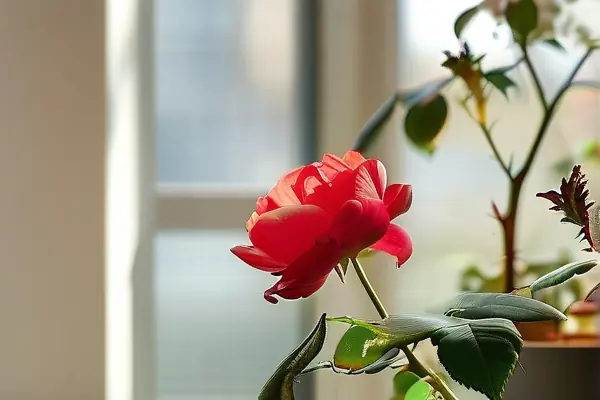 室內(nèi)擺放的紅色月季花